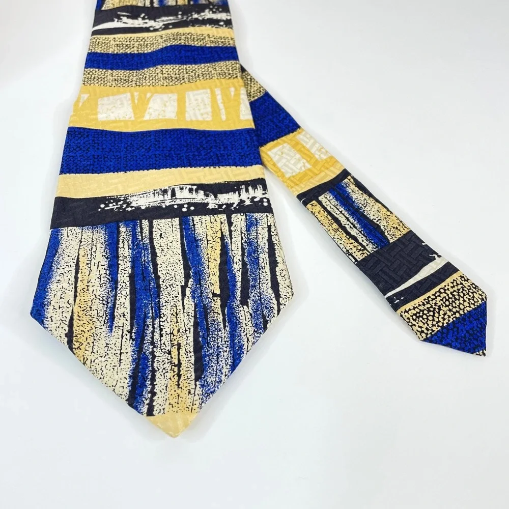 Tesoro‎ Rosso Retro Abstract Necktie Mens Silk Blue Yellow Black Urban Chic Work